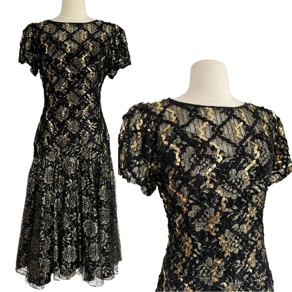 Vintage 80s Sequin Evening Dress Black Gold Floral Lace Size Small Formal